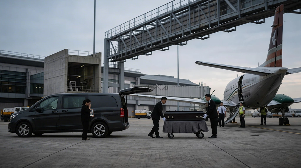 Reunion International 的專業團隊在機場停機坪，將靈柩由靈車莊嚴地移送至準備起飛的客機，展現尊嚴、尊重且無縫的全球遺體交接與運送過程。