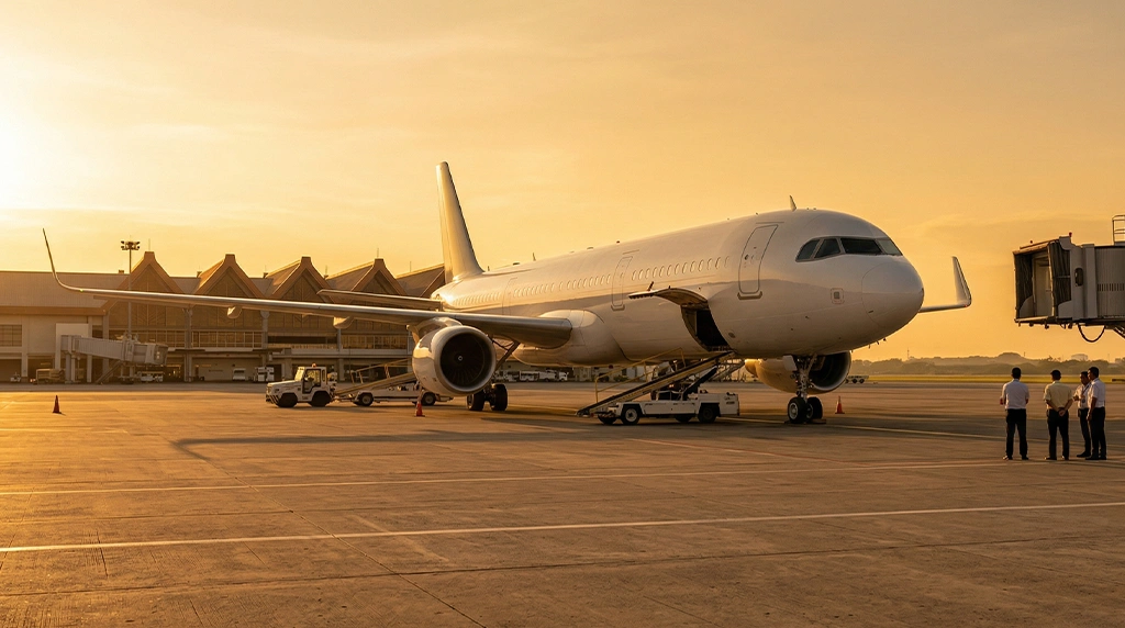 夕陽下停泊於機場的飛機，象徵 Reunion International 覆蓋菲律賓八大國際機場的遺體運送服務網絡，提供就近、靈活的交接安排，讓親人早日回家。