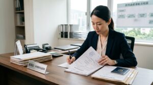 A professional woman in a dark blazer sitting at a desk, reviewing and signing official documents. A nameplate on the desk reads "劉穎彤 | 跨境服務協調員" and a flowchart about "Cross-border Remains Transport" is visible in the background.