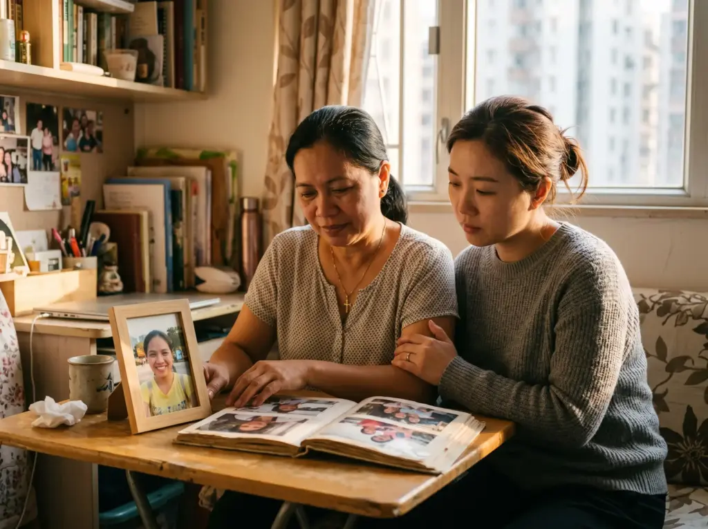 一位香港僱主與菲律賓外傭在溫暖的陽光下互相安慰，共同看著相簿緬懷已故外傭，展現 Reunion-International 具同理心的專業外傭遺體運送服務。