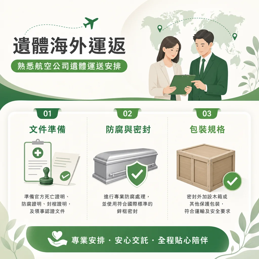遺體海外運返航空運輸的三大核心程序：1. 文件準備：需取得官方死亡證明、防腐與封棺證明及領事認證文件。2. 防腐與密封：進行專業防腐處理，並使用符合國際標準的鋅櫃密封。3. 包裝規格：棺木外須加設木箱或其他保護包裝，確保符合航空運輸及安全要求。