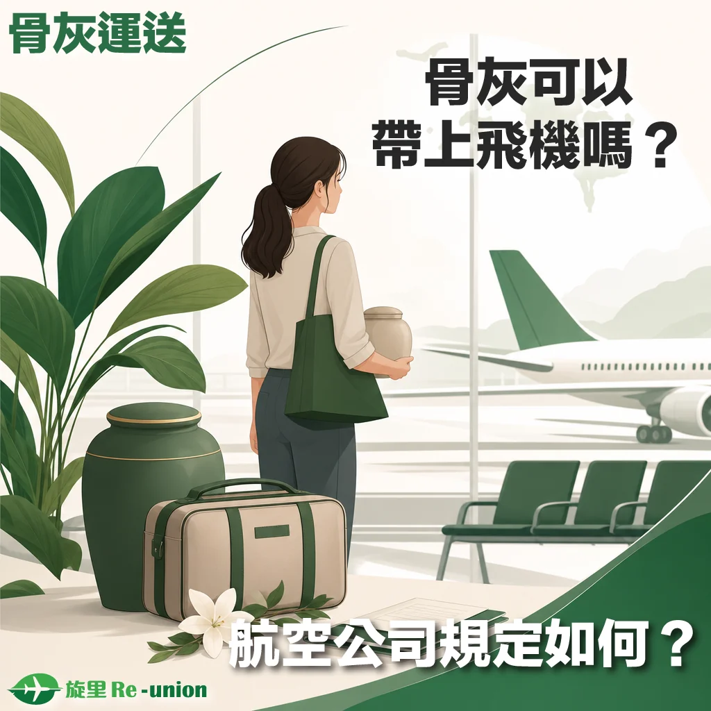 「骨灰運送」主題插圖。左上角有綠色標題字「骨灰運送」，右上角與右下角分別有提問字樣：「骨灰可以帶上飛機嗎？」與「航空公司規定如何？」。畫面中央為一名綁著馬尾的女子背影，她肩背綠色手提袋，雙手小心捧著一個骨灰罈，正站在機場航廈的大型落地窗前，望向停機坪上的飛機。畫面左下角有一盆綠色植物、一個墨綠色大型骨灰罈、一個旅行袋及一朵白百合花，並印有「旋里 Re-union」品牌商標。