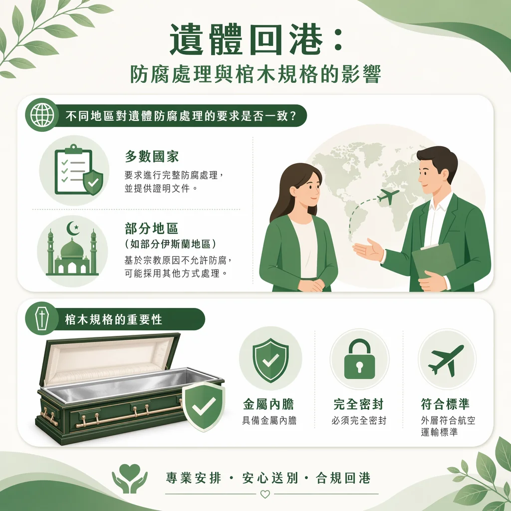 「遺體回港：防腐處理與棺木規格的影響」資訊圖表。內容分為兩大核心說明：不同地區對遺體防腐處理的要求：多數國家要求進行完整防腐處理並提供證明文件；部分地區（如部分伊斯蘭地區）基於宗教原因不允許防腐，可能採用其他方式處理。棺木規格的重要性：跨境航空運輸必須符合三大標準，包括「金屬內膽」（具備金屬內膽）、「完全密封」（必須完全密封）以及「符合標準」（外層符合航空運輸標準）。 圖表底部標語為：「專業安排・安心送別・合規回港」。
