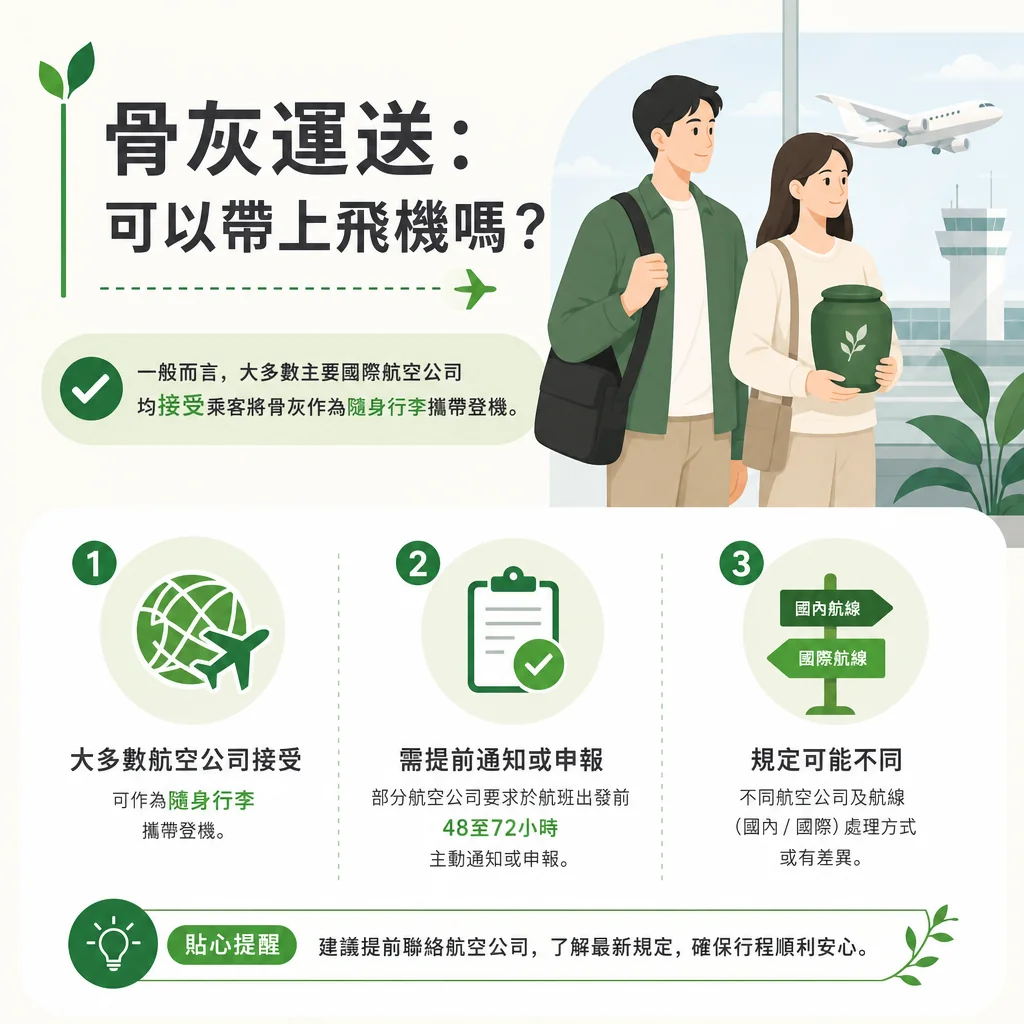 骨灰運送登機規定圖表。多數主要國際航空公司接受骨灰作為隨身行李攜帶登機。三大提醒包含：多數可作隨身行李、部分需於出發前 48 至 72 小時提前通知或申報、國內與國際航線規定可能不同。建議提前聯絡航空公司確認。