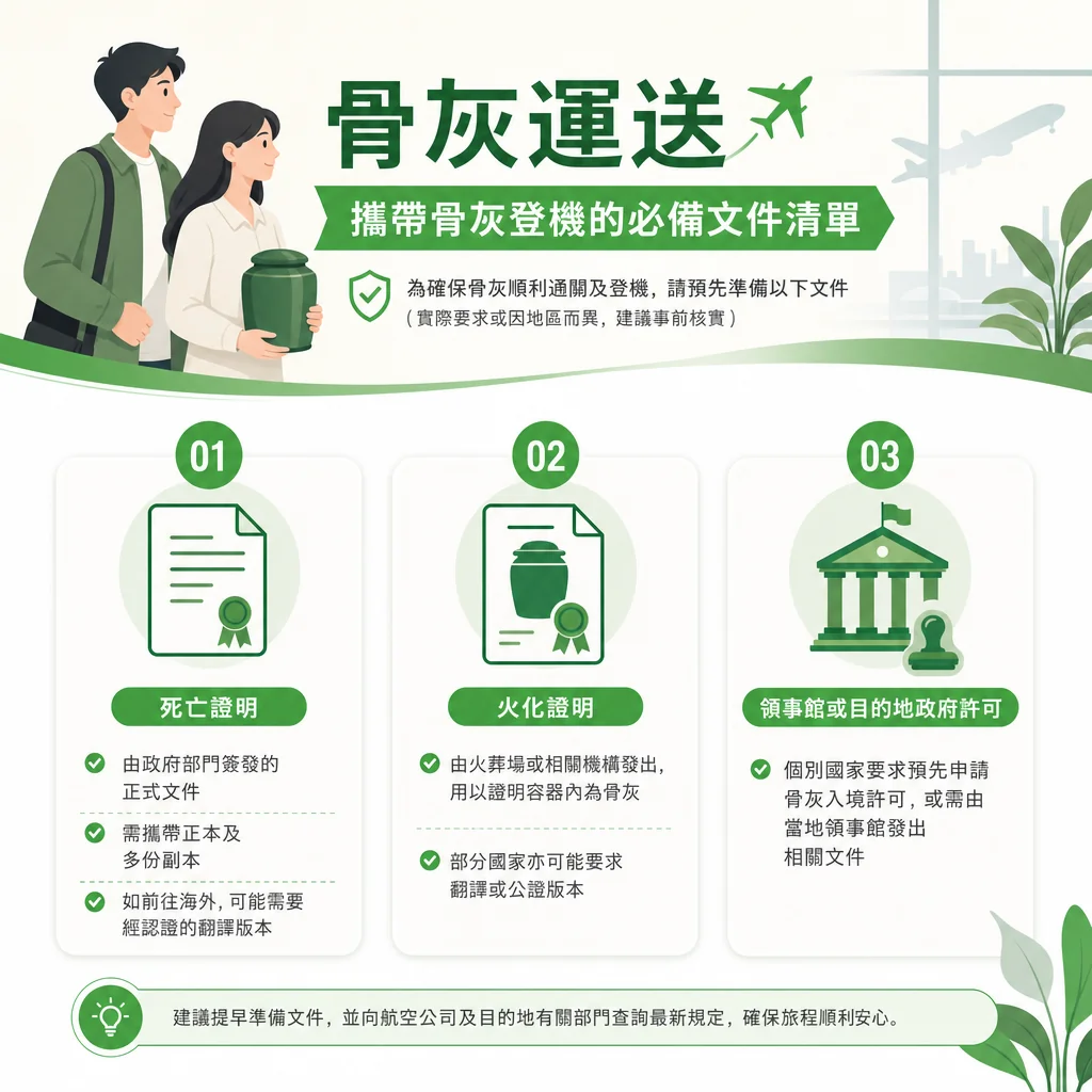 攜帶骨灰登機的必備文件清單資訊圖表。內容包含三大文件：1. 死亡證明（需正本、副本或海外翻譯認證）；2. 火化證明（證明容器內為骨灰，部分需公證）；3. 領事館或目的地政府許可（個別國家入境許可）。建議提早向航空公司與目的地部門核實最新規定。