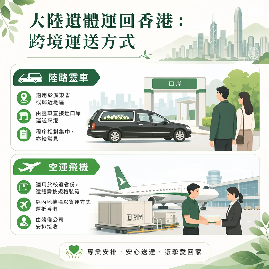 綠白配色的跨境殯儀圖表，主題為「大陸遺體運回香港：跨境運送方式」。內容分為兩大板塊：上方為「陸路靈車」，適用於廣東省或鄰近地區，由靈車直接經口岸運送來港，程序相對集中亦較常見，配有黑白色靈車駛過口岸、家屬在旁目送的插圖；下方為「空運飛機」，適用於較遠省份（遺體需按規格裝箱），經內地機場以貨運方式運抵香港，由殯儀公司安排接收，配有停機坪上的飛機、大型貨箱以及工作人員對接文件的插圖。頁尾標語為「專業安排 &middot; 安心送達 &middot; 讓摯愛回家」。