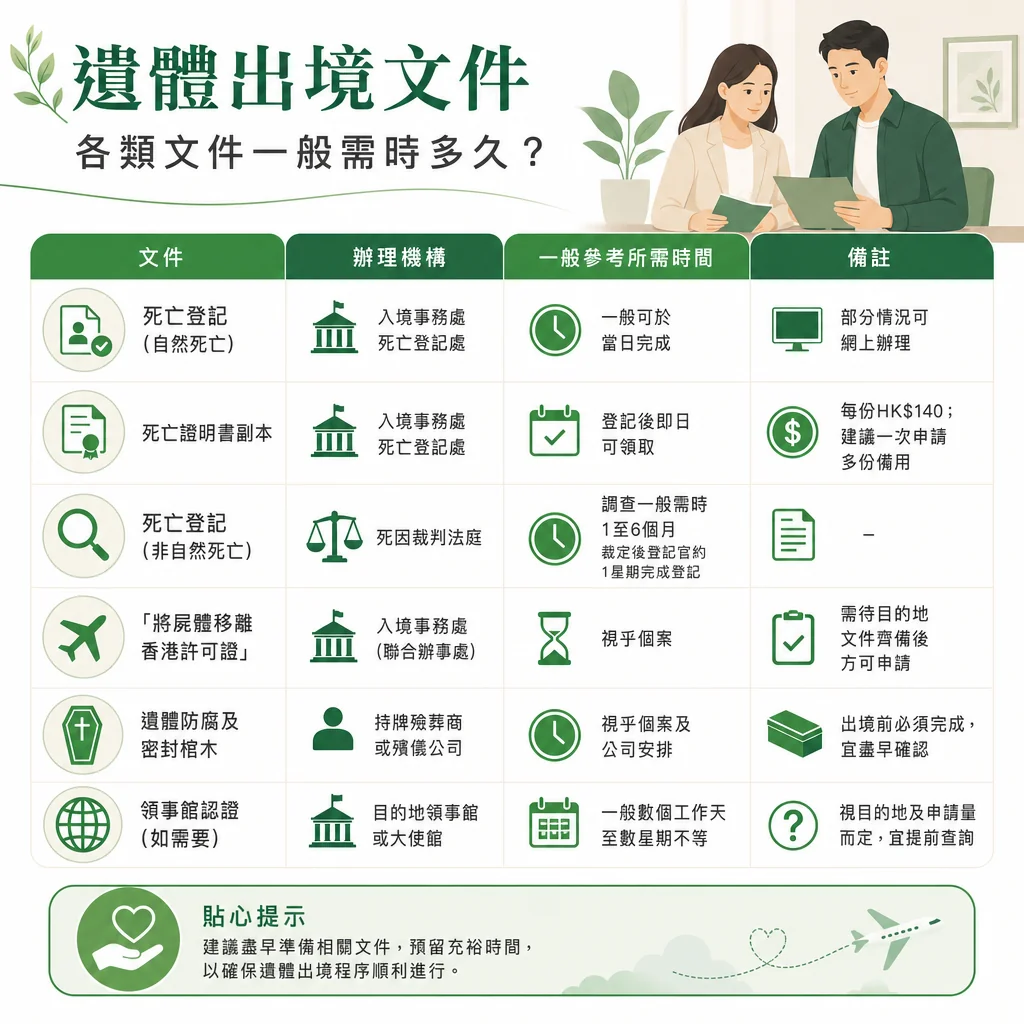 綠白色調的資訊圖表，標題為「遺體出境文件 各類文件一般需時多久？」。右上角有男女正在看文件的插圖。中間為一份詳細的對照表格，內容如下：死亡登記（自然死亡）： 辦理機構為「入境事務處 死亡登記處」；所需時間「一般可於當日完成」；備註「部分情況可網上辦理」。死亡證明書副本： 辦理機構為「入境事務處 死亡登記處」；所需時間「登記後即日可領取」；備註「每份HK$140；建議一次申請多份備用」。死亡登記（非自然死亡）： 辦理機構為「死因裁判法庭」；所需時間「調查一般需時1至6個月，裁定後登記官約1星期完成登記」。「將屍體移離香港許可證」： 辦理機構為「入境事務處（聯合辦事處）」；所需時間「視乎個案」；備註「需待目的地文件齊備後方可申請」。遺體防腐及密封棺木： 辦理機構為「持牌殮葬商或殯儀公司」；所需時間「視乎個案及公司安排」；備註「出境前必須完成，宜盡早確認」。領事館認證（如需要）： 辦理機構為「目的地領事館或大史館」；所需時間「一般數個工作天至數星期不等」；備註「視目的地及申請量而定，宜提前查詢」。