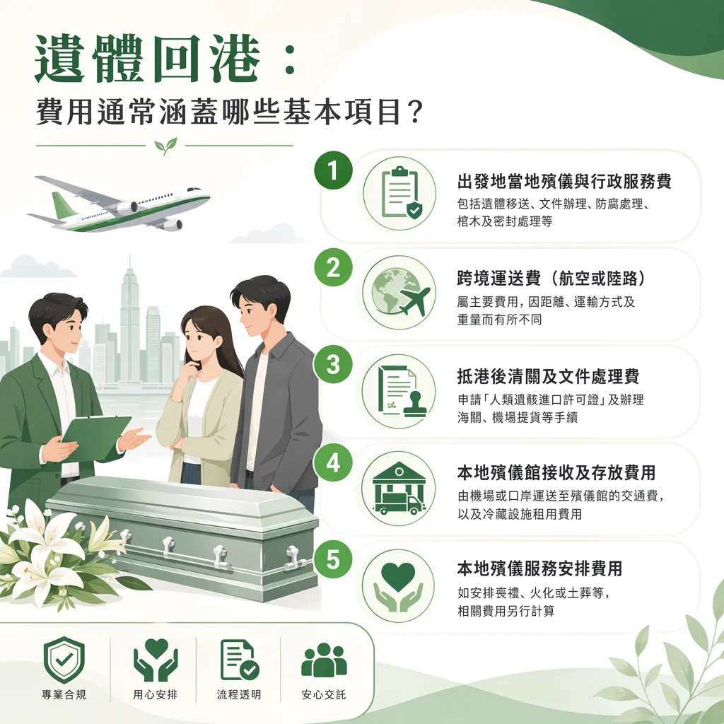遺體回港費用項目說明的資訊圖表。標題為「遺體回港：費用通常涵蓋哪些基本項目？」。左側插畫顯示飛機、城市天際線、專業人員正向一對夫婦進行解說，前方有一具銀灰色棺木與白百合。右側以 1 至 5 點列出費用項目：1. 出發地當地殯儀與行政服務費（含移送、防腐、棺木等）；2. 跨境運送費（航空或陸路）；3. 抵港後清關及文件處理費（含申請人類遺骸進口許可證）；4. 本地殯儀館接收及存放費用；5. 本地殯儀服務安排費用。底部附有「專業合規、用心安排、流程透明、安心交託」標籤。