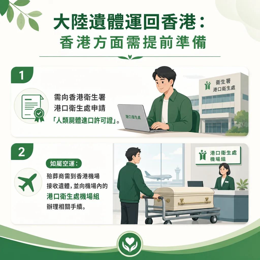 綠白配色的跨境殯儀圖表，主題為「大陸遺體運回香港：香港方面需提前準備」。內容分為兩大要點：1 需向香港衛生署港口衛生處申請「人類屍體進口許可證」，配有男子操作電腦及「衛生署港口衛生處」大樓的插圖；2 如屬空運：殮葬商需到香港機場接收遺體，並向機場內的「港口衛生處機場組」辦理相關手續，配有男子推著放置靈柩的推車前往機場櫃檯辦理手續的插圖。