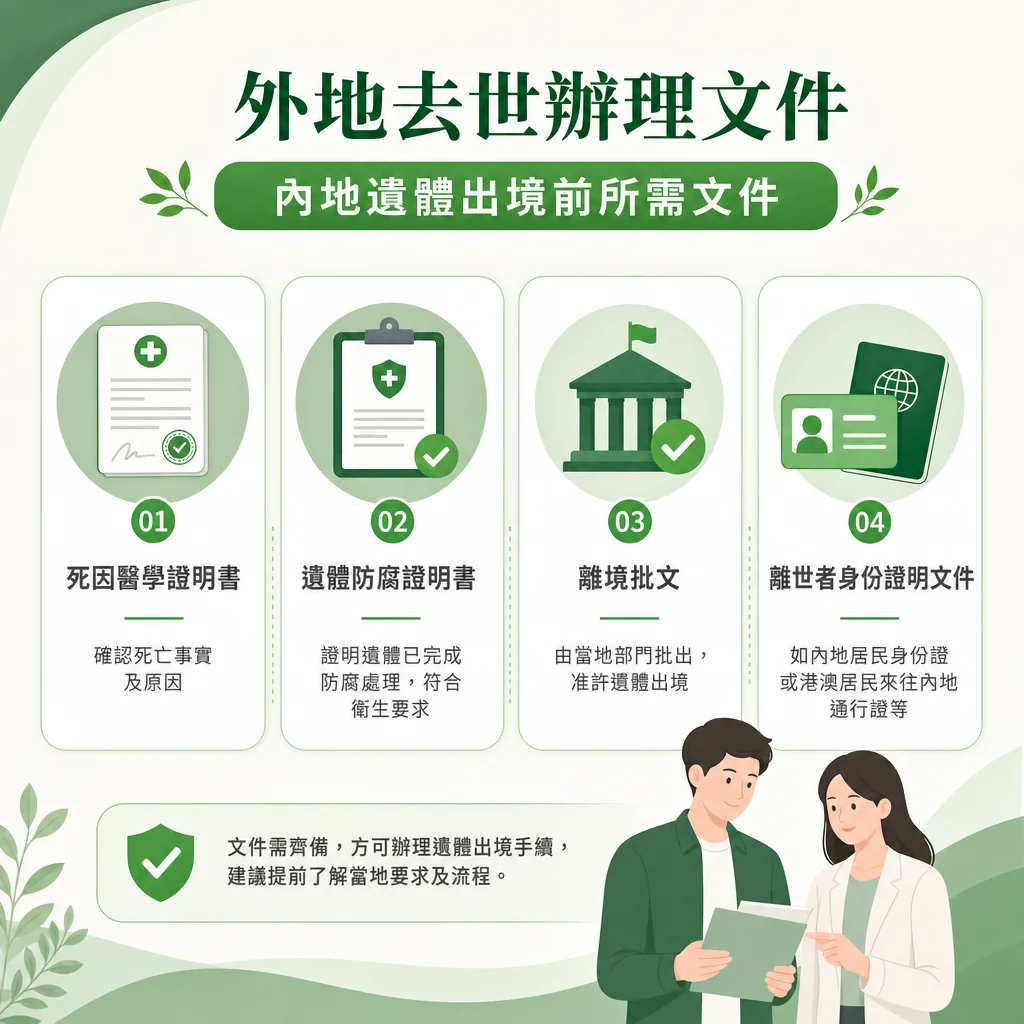 外地去世辦理文件資訊圖表，列出內地遺體出境前所需的四項文件：01 死因醫學證明書、02 遺體防腐證明書、03 離境批文、04 離世者身份證明文件。下方有一對男女在討論文件的插圖與提示。