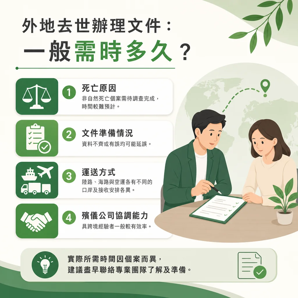 外地去世辦理文件需時多久的資訊圖表。列出影響時間的四個關鍵因素：1. 死亡原因（非自然死亡需待調查）、2. 文件準備情況（資料不齊會有延誤）、3. 運送方式（陸路、海路與空運安排各異）、4. 殯儀公司協調能力。下方有提醒實際時間因個案而異的提示。