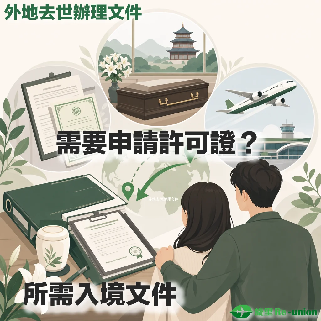 外地去世辦理文件與所需入境文件資訊圖表，上方寫有「需要申請許可證？」及「所需入境文件」，畫面包含一對男女的背影、棺木、飛機、骨灰罈及相關申辦文件插圖，右下角有旋里 Re-union 標誌。