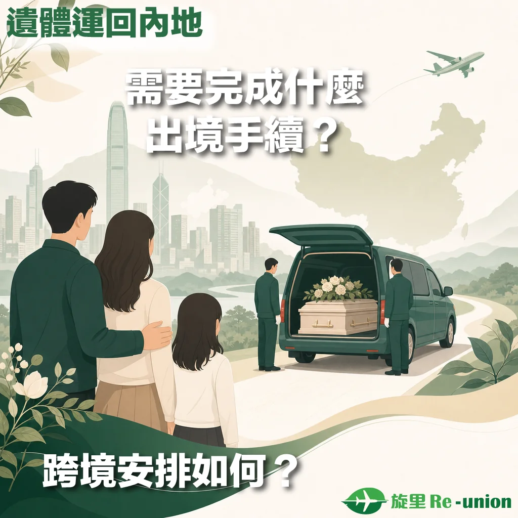 旋里 Re-union 服務宣傳圖，描繪一家三口在香港城市背景下，注視著一輛載有棺木與鮮花的靈車，標題為『遺體運回內地需要完成什麼出境手續？跨境安排如何？』
