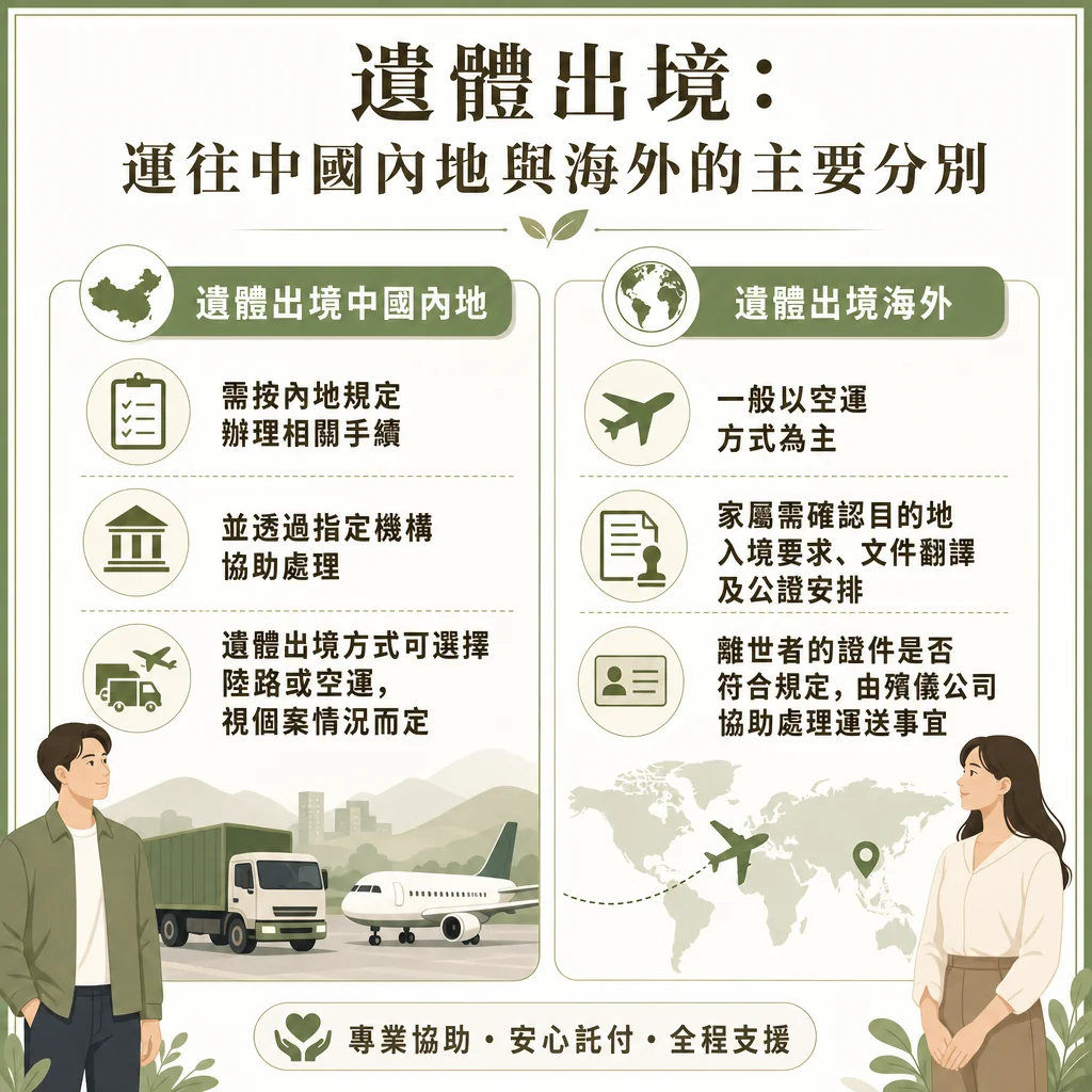 這是一張標題為「遺體出境：運往中國內地與海外的主要分別」的資訊圖表。內容分為左右兩個欄位對比：左側為「遺體出境中國內地」，下方繪有貨卡車與飛機，要點包括：需按內地規定辦理相關手續、並透過指定機構協助處理、遺體出境方式可選擇陸路或空運，視個案情況而定；右側為「遺體出境海外」，下方繪有世界地圖與飛機航線，要點包括：一般以空運方式為主、家屬需確認目的地入境要求、文件翻譯及公證安排、離世者的證件是否符合規定由殯儀公司協助處理運送事宜。底部帶有標語「專業協助・安心託付・全程支援」。