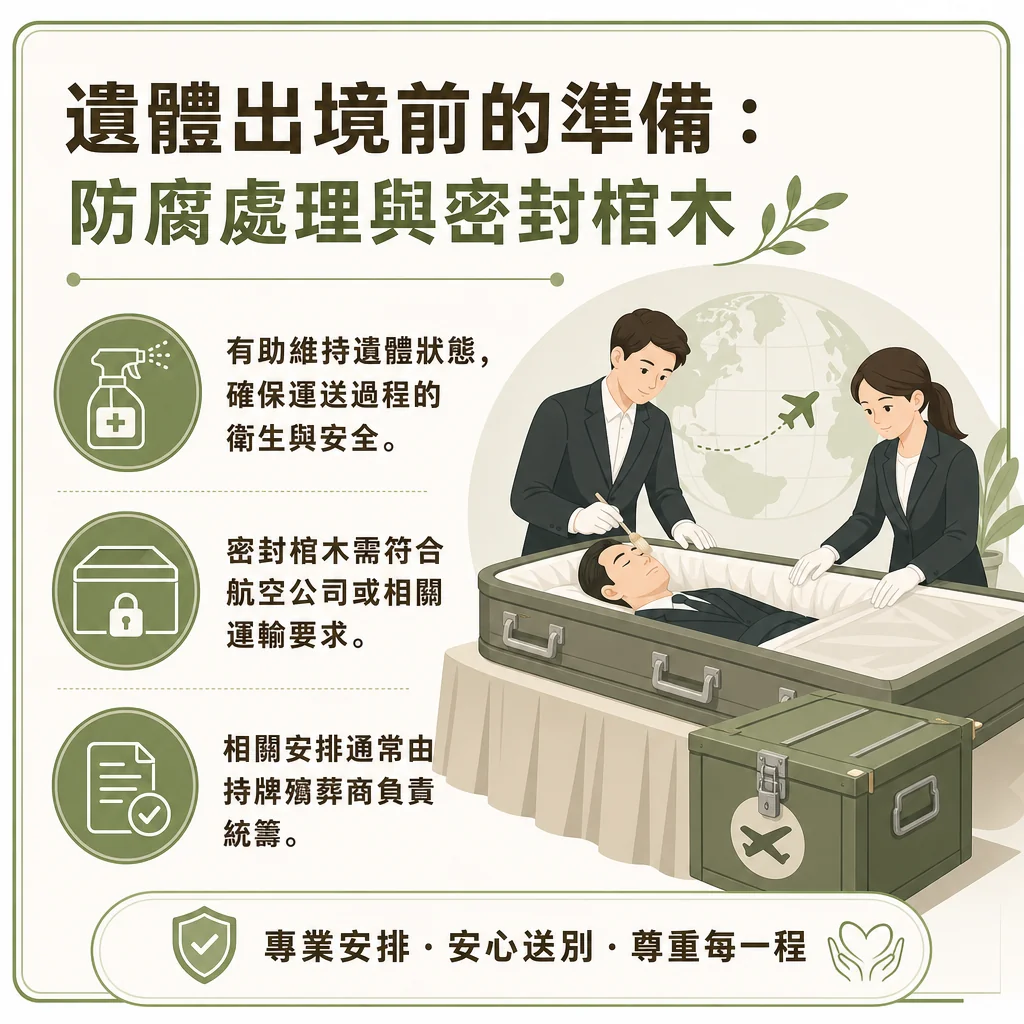 這是一張標題為「遺體出境前的準備：防腐處理與密封棺木」的資訊圖表。右側插圖顯示兩位身穿深色西裝、戴白手套的專業殯儀人員正在為棺木中的遺體進行尊嚴處理，背景有地球與飛機航線的意象。左側列出三大要點：一、防腐處理有助維持遺體狀態，確保運送過程的衛生與安全；二、密封棺木需符合航空公司或相關運輸要求；三、相關安排通常由持牌殯葬商負責統籌。底部標語為「專業安排・安心送別・尊重每一程」。