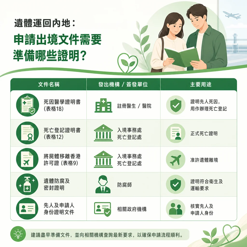 建議內容： 「遺體運回內地出境文件準備清單表，內容包含五項核心文件：1. 死因醫學證明書（表格 18）：由註冊醫生簽發，證明死因。2. 死亡登記證明書（表格 12）：由入境事務處發出，作為正式死亡證明。3. 將屍體移離香港許可證（表格 9）：由入境事務處發出，准許遺體離境。4. 遺體防腐及密封證明：由防腐師簽發，證明符合運輸要求。5. 先人及申請人身份證明文件：用於核實雙方身份。