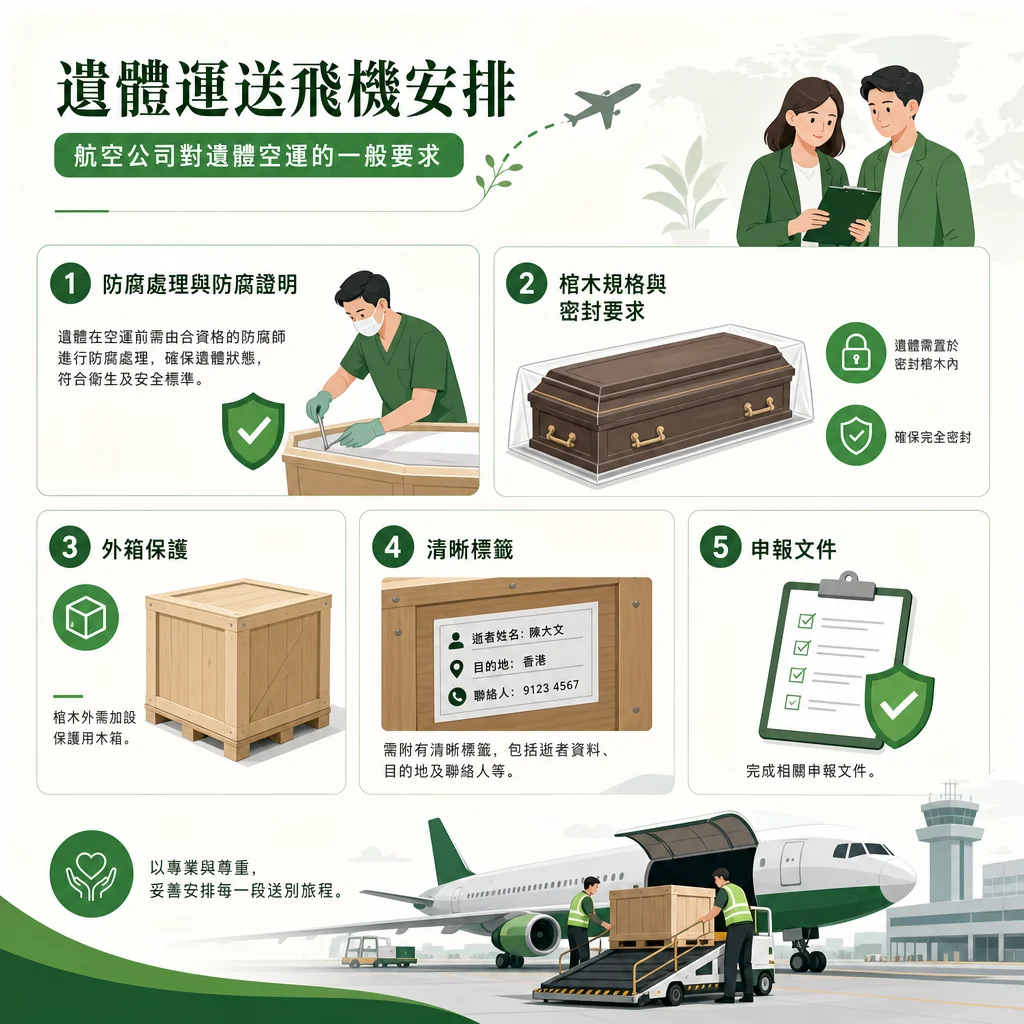 綠白配色的資訊圖表，主題為「遺體運送飛機安排：航空公司對遺體空運的一般要求」。內容詳細列出 5 大要求：1 防腐處理與防腐證明（由合資格防腐師處理並符合衛生安全標準）；2 棺木規格與密封要求（遺體需置於密封棺木內，確保完全密封）；3 外箱保護（棺木外需加設保護用木箱）；4 清晰標籤（需附有包含逝者姓名：陳大文、目的地：香港、聯絡人電話等資料的標籤）；5 申報文件（完成相關申報文件）。左下角有標語「以專業與尊重，妥善安排每一段送別旅程」，右下角配有工作人員在機場跑道將木箱裝上飛機貨艙的插圖。