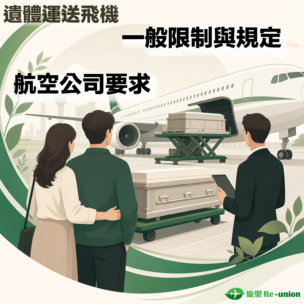 旋里 Re-union 的跨境殯儀插圖，主題為「遺體運送飛機：一般限制與規定、航空公司要求」。畫面背景為一架停在機場跑道上的客機，升降平台正將靈柩貨箱運送上飛機貨艙。前方有一對男女家屬互相依偎目送，右側則有一名手持平板電腦、身穿西裝的殯儀專業人員在現場協助。右下角帶有旋里 Re-union 的綠色標誌。