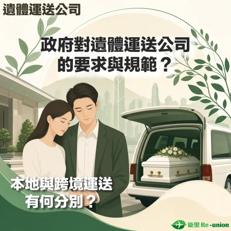 旋里 Re-union 遺體運送公司宣傳圖：探討政府對遺體運送公司的要求與規範，並說明本地與跨境遺體運送的分別。插圖顯示一對面容哀傷的男女，背景為一輛停在香港市景前、後車廂打開並放置著白色靈柩與鮮花的運送車。