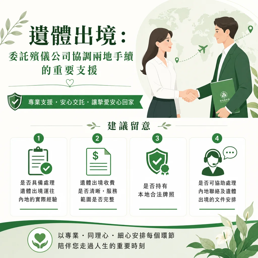 遺體出境委託殯儀公司重要支援的說明圖卡。上方綠色大標題為『遺體出境：委託殯儀公司協調兩地手續的重要支援』，右上角有一位女性家屬與手拿殯儀文件夾的綠色西裝專業顧問握手的插圖。中間呈現 4 點挑選時的『建議留意』事項：1. 是否具備處理遺體出境運往內地的實際經驗；2. 遺體出境收費是否清晰，服務範圍是否完整；3. 是否持有本地合法牌照；4. 是否可協助處理內地聯絡及遺體出境的文件安排。底部標語為『以專業・同理心・細心安排每個環節，陪伴您走過人生的重要時刻』並帶有心形標誌。