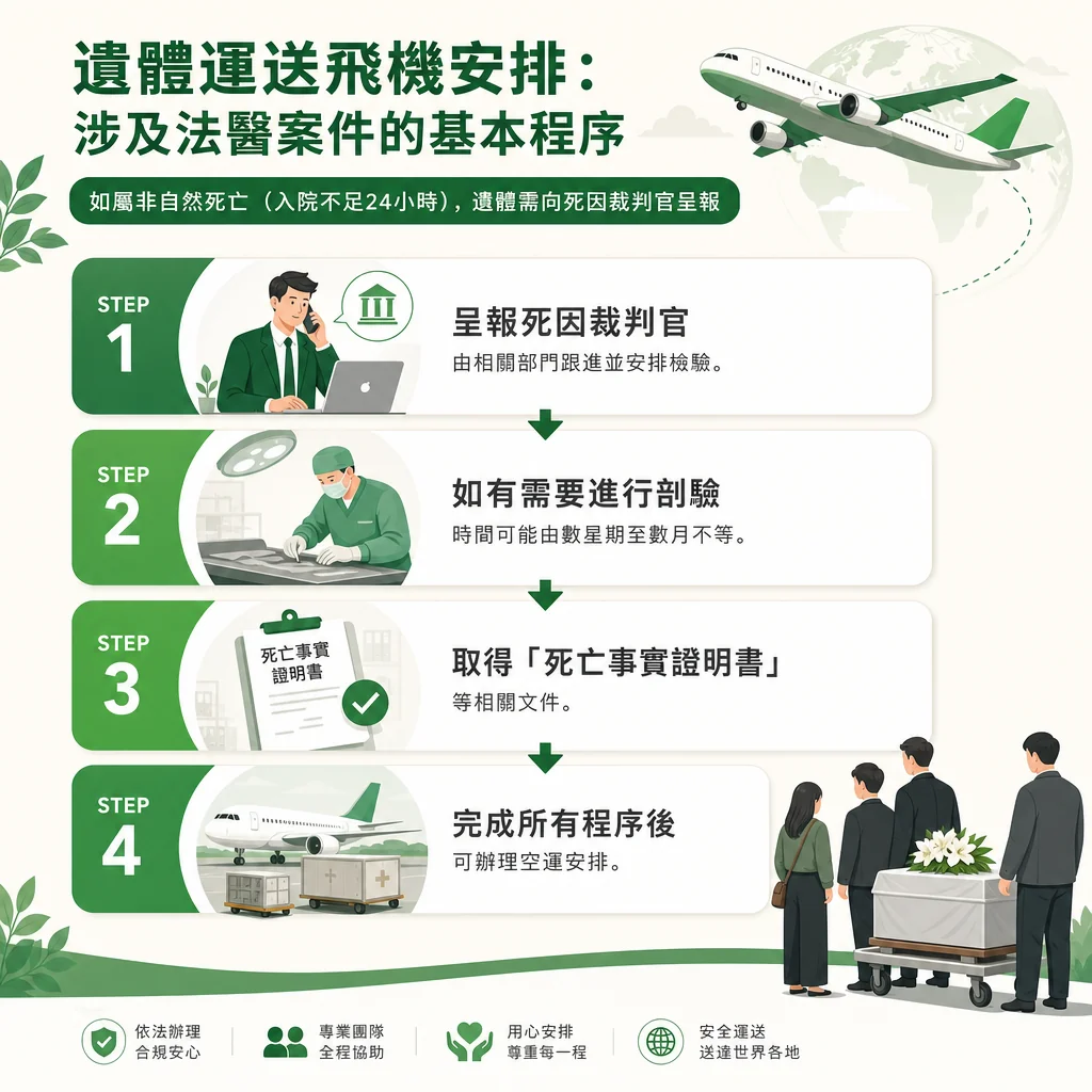 綠白配色的資訊圖表，主題為「遺體運送飛機安排：涉及法醫案件的基本程序」，上方提示「如屬非自然死亡（入院不足24小時），遺體需向死因裁判官呈報」。圖中包含 4 個步驟：Step 1 呈報死因裁判官（由相關部門跟進並安排檢驗）；Step 2 如有需要進行剖驗（時間可能由數星期至數月不等）；Step 3 取得「死亡事實證明書」等相關文件；Step 4 完成所有程序後，可辦理空運安排。右下角配有家屬在機場跑道旁目送裝有白花的靈柩貨箱上飛機的背影。頁尾包含四個服務承諾圖標：依法辦理合規安心、專業團隊全程協助、用心安排尊重每一程、安全運送送達世界各地。