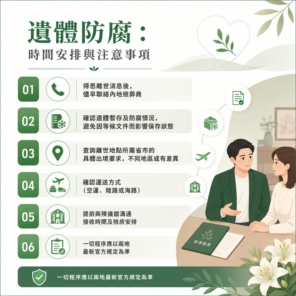 資訊圖表標題為「遺體防腐：時間安排與注意事項」，主色調為綠色，右下角有一對男女在桌前諮詢殯葬服務的插畫，周圍點綴著百合花。圖中列出 6 大注意事項：01. 得悉離世消息後，儘早聯絡內地殮葬商（配有電話圖示）；02. 確認遺體暫存及防腐情況，避免因等候文件而影響保存狀態（配有冷凍與文件圖示）；03. 查詢離世地點所屬省市的具體出境要求，不同地區或有差異（配有定位圖示）；04. 確認運送方式，如空運、陸路或海路（配有飛機、船與貨車圖示）；05. 提前與殯儀館溝通接收時間及殮房安排（配有殯儀館圖示）；06. 一切程序應以兩地最新官方規定為準（配有勾選文件圖示）。底部綠色橫條亦再次強調一切程序應以兩地最新官方規定為準。