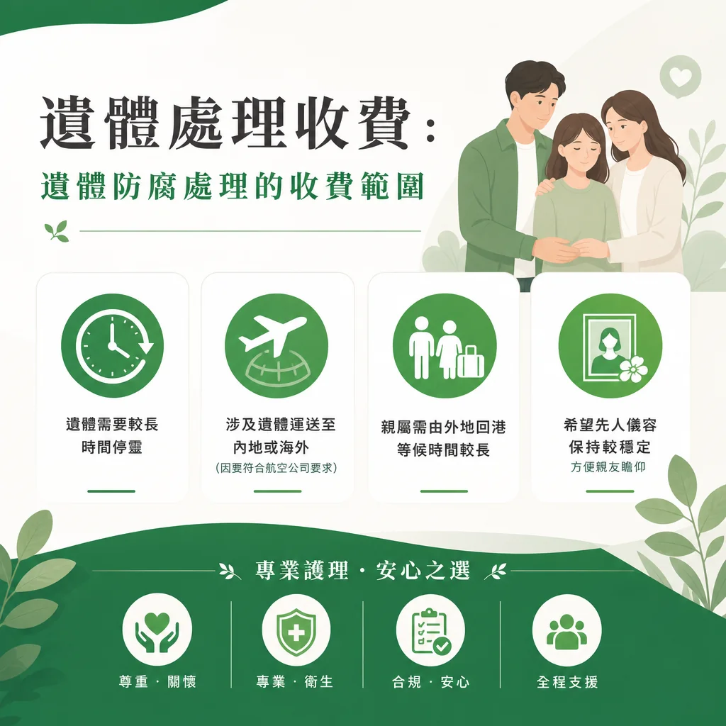 遺體防腐處理收費與情境資訊圖表。內容包含四個需要防腐的考量：較長時間停靈、遺體跨境或海外運送、親屬由外地回港等候、保持先人儀容穩定以便瞻仰。