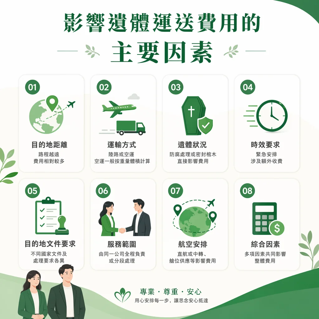 影響遺體運送費用的主要因素說明圖卡。上方綠色大字標題為『影響遺體運送費用的主要因素』。中間以 8 個綠色圖標區塊詳細說明：01. 目的地距離（路程越遠費用越多）；02. 運輸方式（陸路或空運，空運按重量體積計算）；03. 遺體狀況（防腐處理或密封棺木影響費用）；04. 時效要求（緊急安排涉及額外收費）；05. 目的地文件要求（不同國家要求各異）；06. 服務範圍（同一公司全程負責或分段處理）；07. 航空安排（直航或中轉、艙位供應）；08. 綜合因素（多項因素共同影響）。左下角有兩位身穿深綠與黑色服裝的專業人員插圖，底部標語為『專業・尊重・安心』。