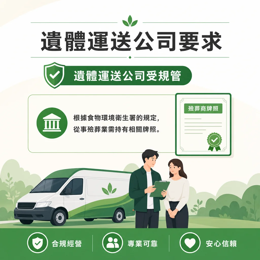遺體運送公司要求資訊圖卡，標題為『遺體運送公司受規管』。內文指出根據食物環境衞生署的規定，從事殮葬業需持有相關牌照，旁有『殮葬商牌照』證書插圖。下方有一輛帶綠色樹葉標誌的白色運送貨車，以及一名拿著夾板的專業人員與一位女性正在交談。底部有合規經營、專業可靠、安心信賴三個圖示。