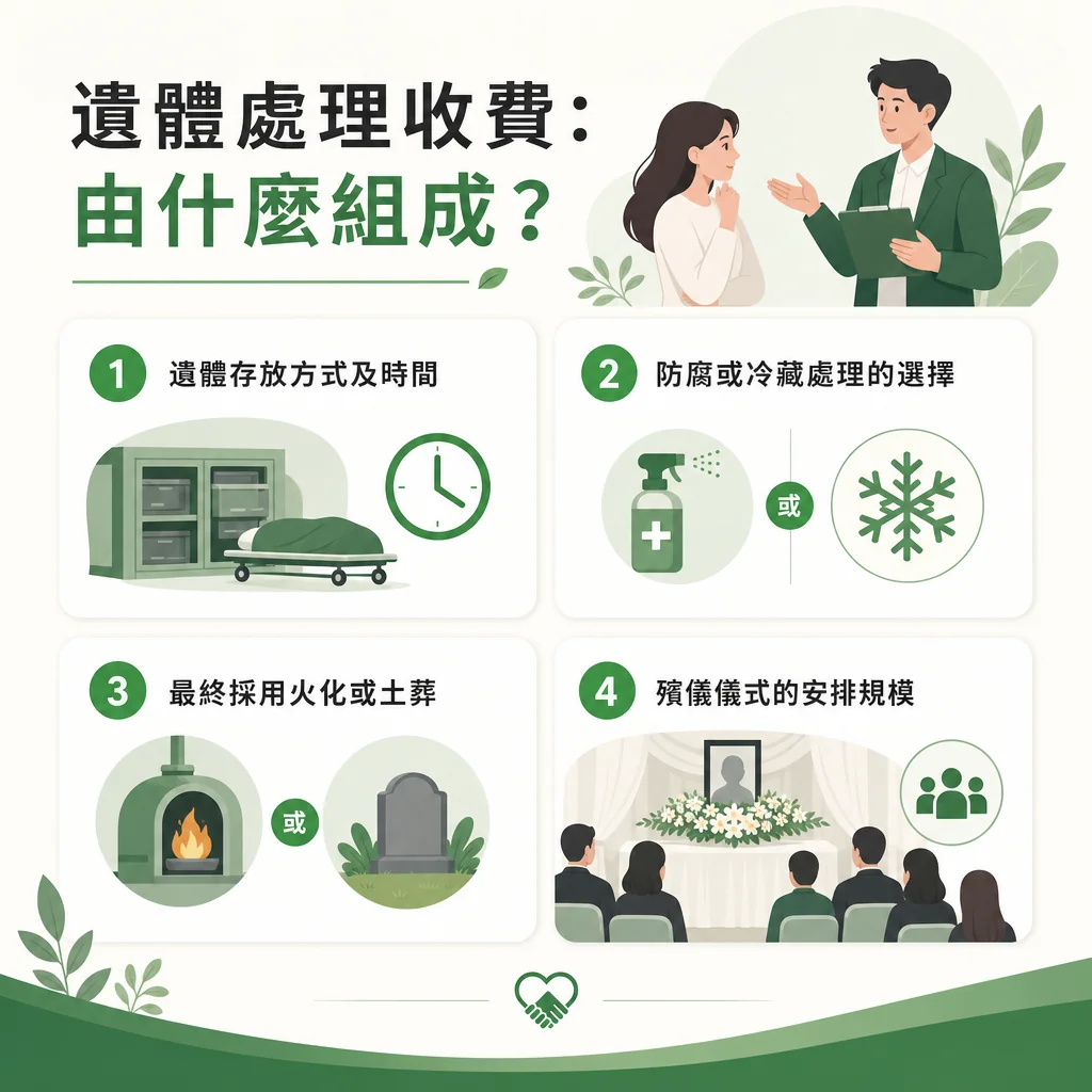 遺體處理收費組成說明圖卡。上方標題為『遺體處理收費：由什麼組成？』，右上角有一位女性家屬正與手持文件夾、身穿綠色西裝的殯儀顧問交談。下方分為 4 個主要考量項目：1. 遺體存放方式及時間（圖標為冷藏庫與時鐘）；2. 防腐或冷藏處理的選擇（圖標為防腐噴霧瓶或雪花結晶）；3. 最終採用火化或土葬（圖標為火化爐或墓碑）；4. 殯儀儀式的安排規模（圖標為靈堂告別式現場與出席人群）。底部中央帶有雙手緊握的綠色心形標誌。