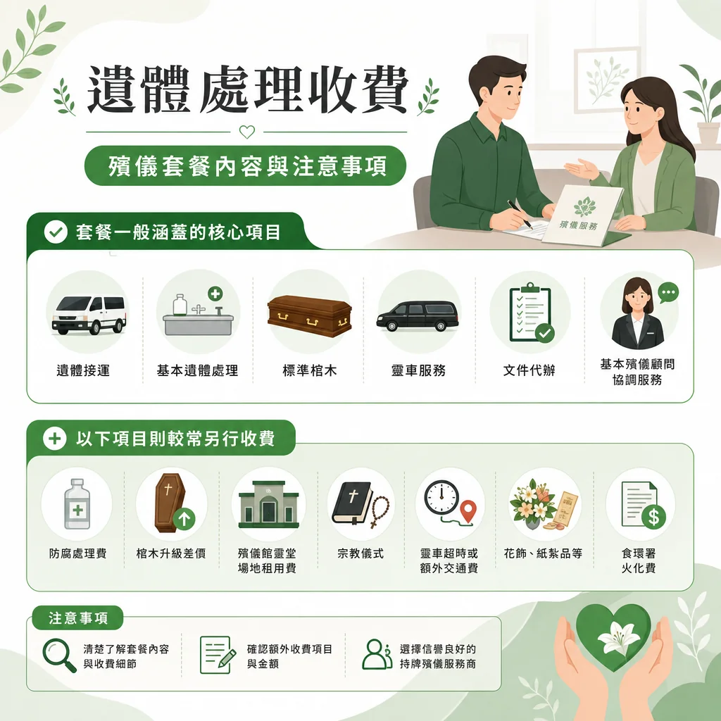 殯儀套餐收費與注意事項資訊圖表。詳列套餐通常包含的核心項目（如遺體接運、標準棺木、靈車及文件代辦），常需另行收費的項目（如防腐、靈堂租金、宗教儀式、火化費），以及提醒家屬確認細節、選擇持牌服務商的注意事項。