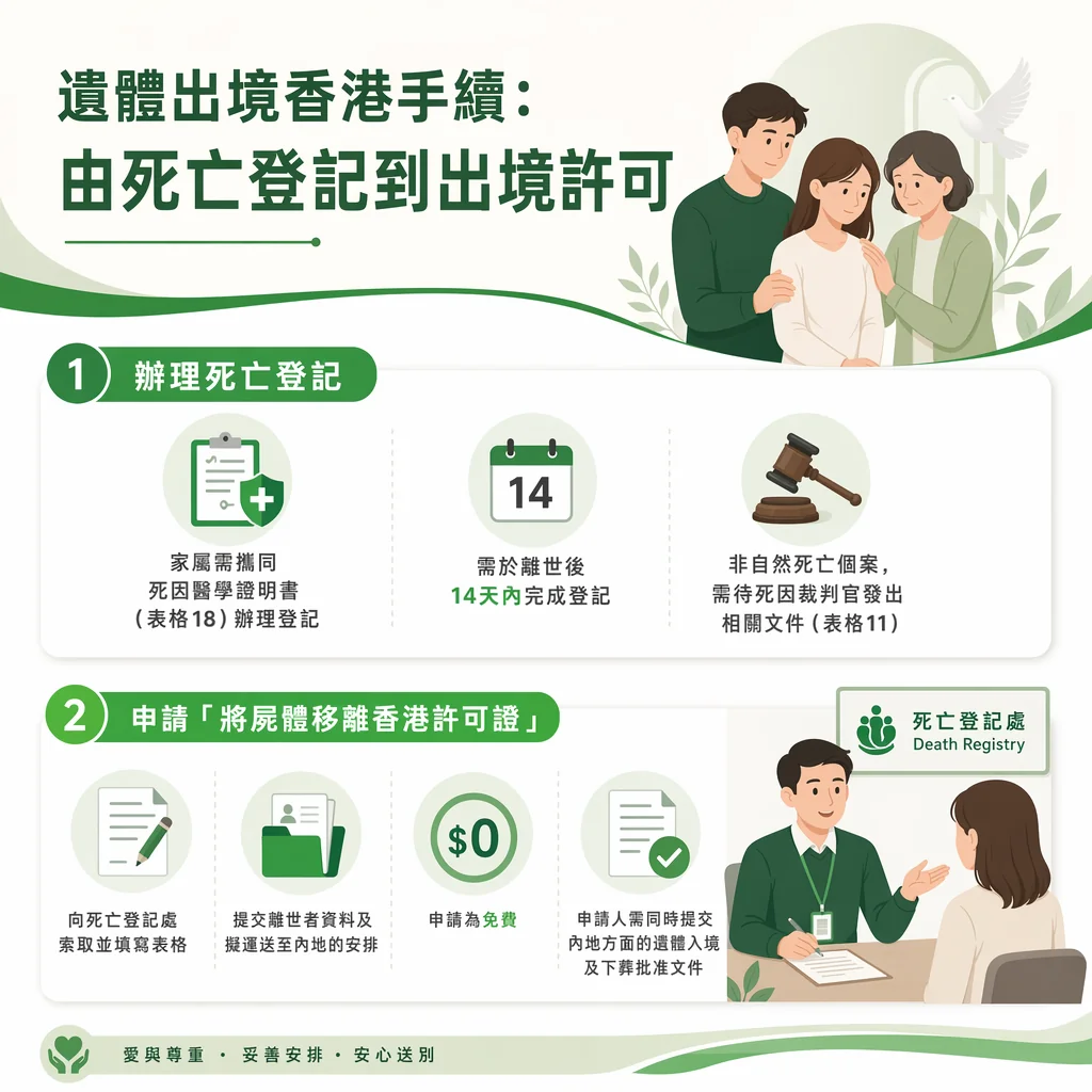 遺體出境香港手續說明圖卡。上方綠色標題為『遺體出境香港手續：由死亡登記到出境許可』，右上角有三位家屬互相安慰的插圖。圖卡分為兩個主要步驟：步驟 1 為『辦理死亡登記』，包含家屬需攜帶死因醫學證明書（表格 18）、需於離世後 14 天內完成登記、非自然死亡個案需待死因裁判官發出相關文件（表格 11）；步驟 2 為『申請 將屍體移離香港許可證』，包含向死亡登記處索取表格、提交離世者資料及擬運送至內地的安排、申請為免費（$0）、申請人需同時提交內地方面的遺體入境及下葬批准文件，右下角為家屬在死亡登記處（Death Registry）辦理手續的插圖。底部標語為『愛與尊重・妥善安排・安心送別』。