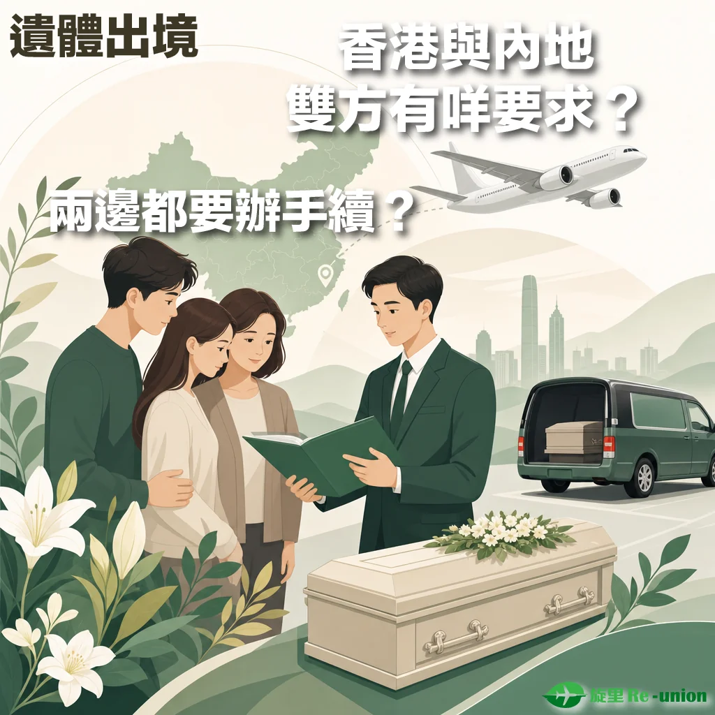 香港與內地遺體出入境要求說明的宣傳插圖。上方文字寫著『遺體出境：香港與內地雙方有咩要求？兩邊都要辦手續？』。畫面中央一位身穿綠色西裝的專業殯儀顧問正向三位面帶憂傷的家屬講解文件夾中的手續細節。前景有一具放有白花的白色棺木，背景包含中國地圖、香港維多利亞港天際線、飛機以及一輛停放著棺木的綠色靈車，右下角帶有『旋里 Re-union』標誌。