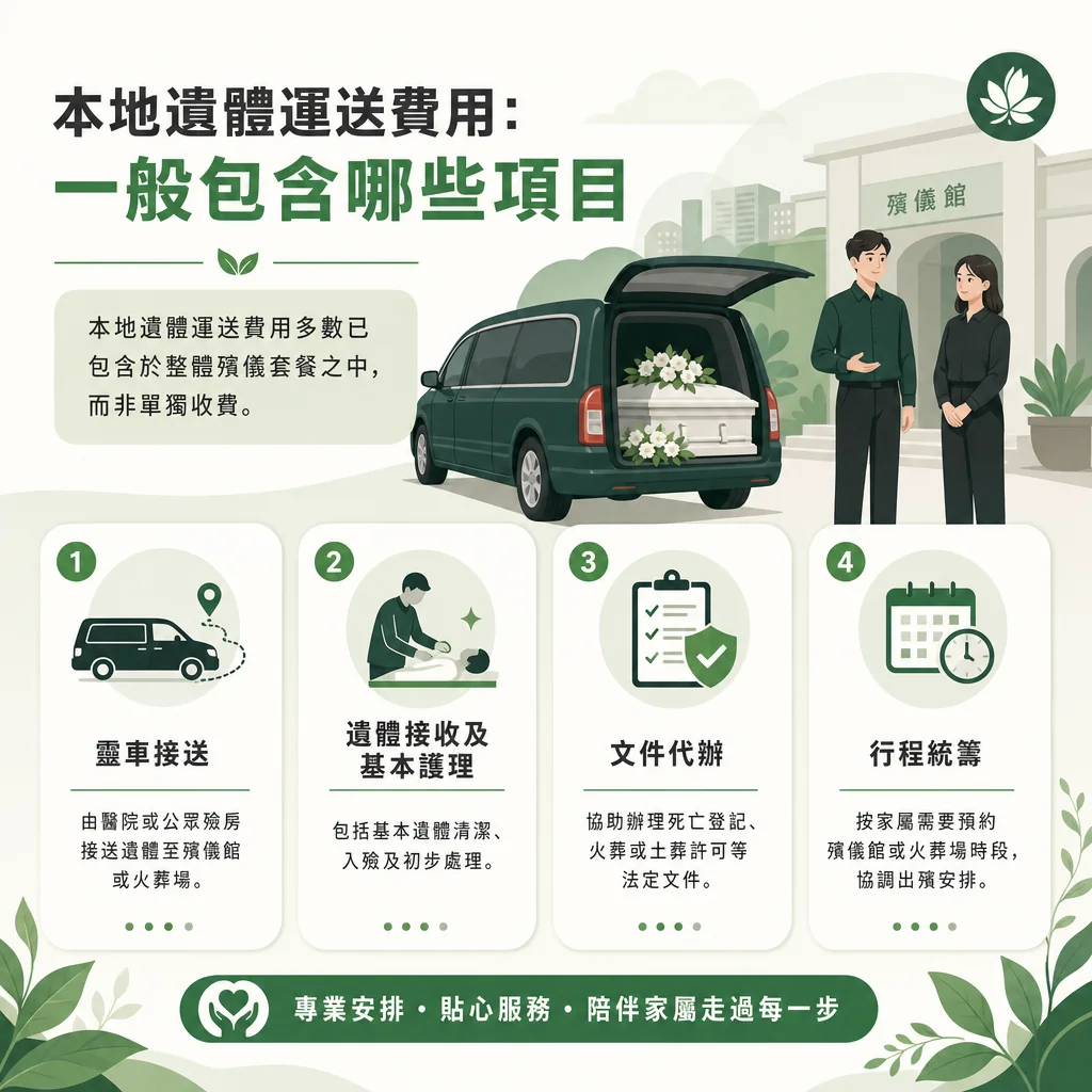 本地遺體運送費用包含項目說明圖卡。上方文字指出本地遺體運送費用多數已包含在整體殯儀套餐中。中間主視覺為綠色靈車、停放於車內的棺木，以及兩位身穿深色制服的專業服務人員站在殯儀館前。下方列出四個核心項目：1. 靈車接送（由醫院或公眾殮房接送至殯儀館或火葬場）；2. 遺體接收及基本護理（含清潔、入殮、初步處理）；3. 文件代辦（協助辦理死亡登記、火葬或土葬許可等）；4. 行程統籌（預約殯儀館或火葬場時段）。底部帶有『專業安排・貼心服務・陪伴家屬走過每一步』的標語與綠色心形標誌。