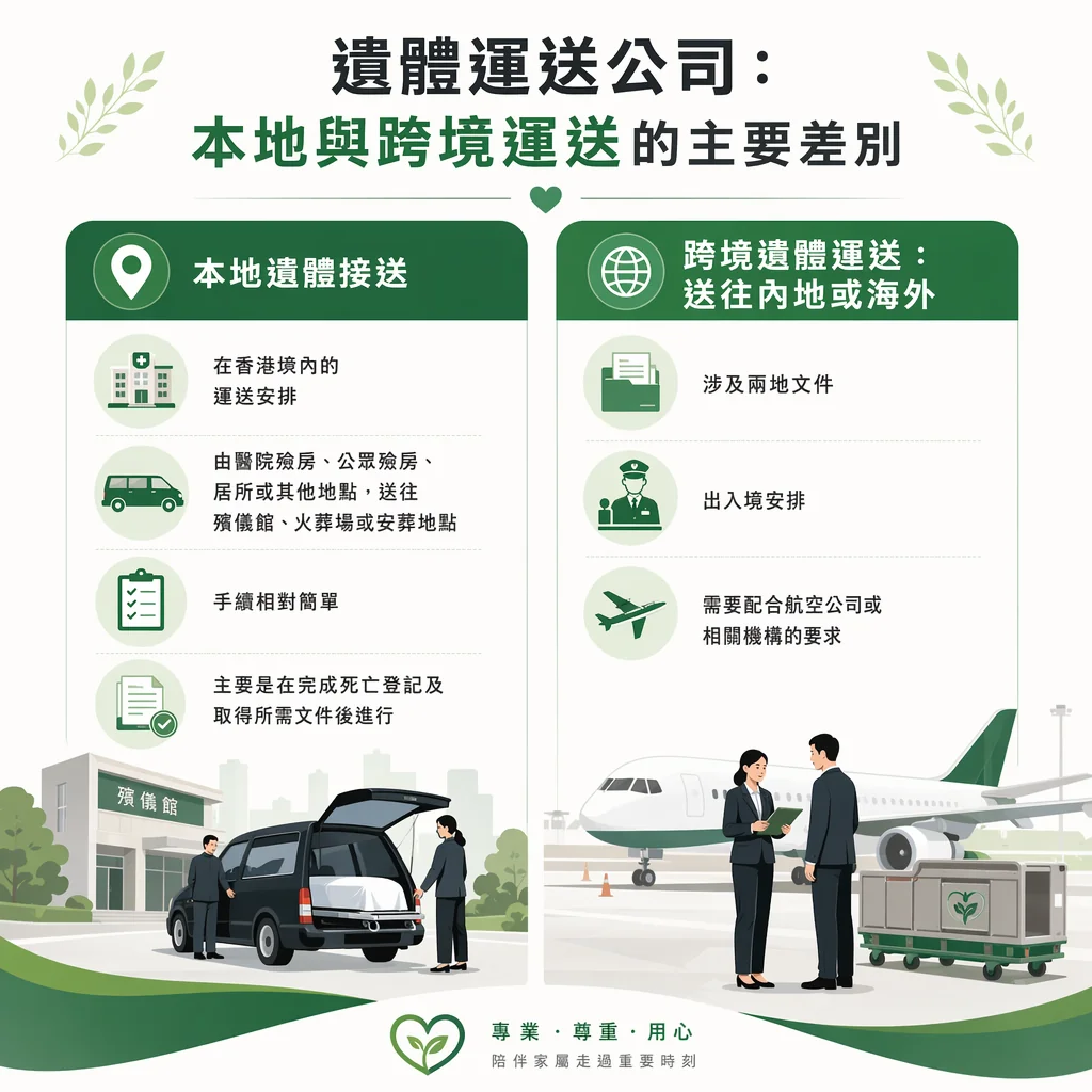 遺體運送公司資訊圖卡，對比本地與跨境運送的主要差別。左側為『本地遺體接送』，說明在香港境內的運送安排，由醫院、公眾殮房或居所送往殯儀館、火葬場等，手續相對簡單，需完成死亡登記。右側為『跨境遺體運送：送往內地或海外』，涉及兩地文件、出入境安排，並需配合航空公司要求。下方有兩幅插圖，左邊是在殯儀館前將靈柩送上接送車，右邊是在機場停機坪與飛機旁進行跨境運送對接。底部標語為『專業．尊重．用心。