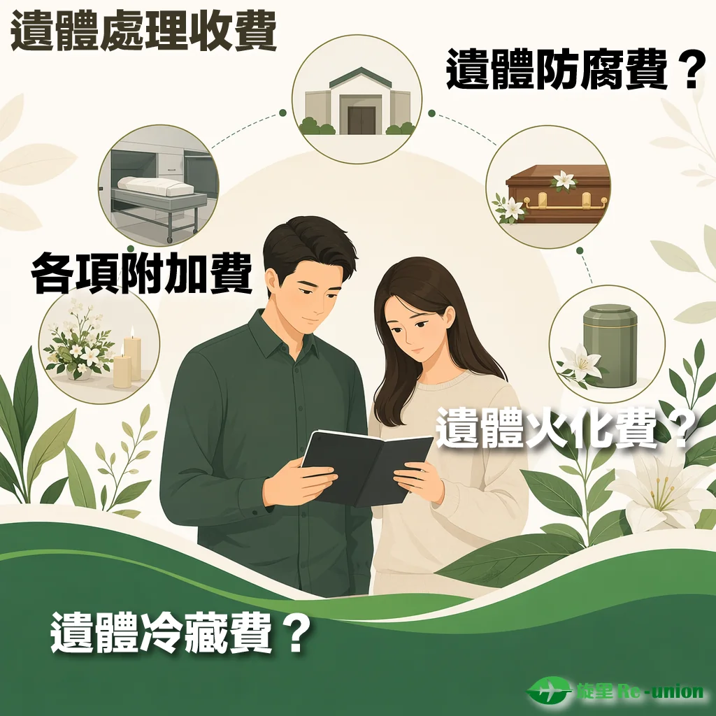 「遺體處理收費與附加費用說明的精選圖卡。畫面中央為一對男女家屬正共同查看一本黑色手冊。周圍環繞著多個圓圈圖標與文字提問，包括：上方『遺體處理收費』、右側『遺體防腐費？』（對應棺木圖標）、右下方『遺體火化費？』（對應骨灰甕與百合花圖標）、下方『遺體冷藏費？』、以及左側『各項附加費』（對應遺體冷藏庫及白花蠟燭圖標）。右下角帶有綠色的『旋里 Re-union』品牌標誌。