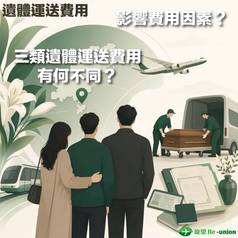 遺體運送費用與影響因素說明的插圖。畫面左側為家屬背影與白百合，上方文字寫著『遺體運送費用、影響費用因素？三類遺體運送費用有何不同？』。右側展現飛機、高鐵、工作人員將棺木裝上運送車的場景，以及護照、文件等跨境運送所需資料，右下角帶有『旋里 Re-union』標誌。