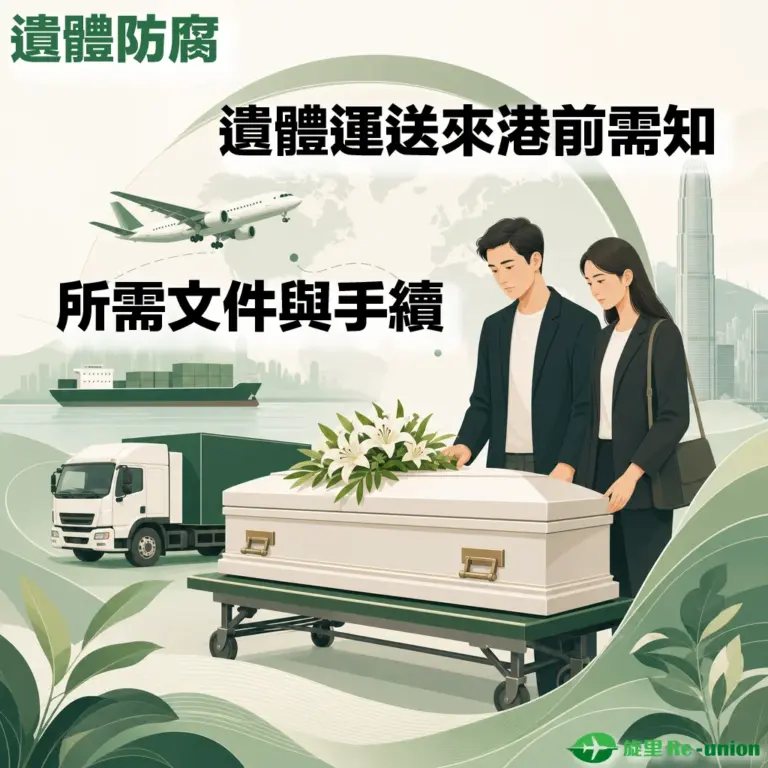 綠白色調的宣傳插圖，左上方與中間帶有醒目文字「遺體防腐」、「遺體運送來港前需知」及「所需文件與手續」。畫面右側有一對身穿深色西裝與套裝的男女，神情哀傷地佇立在一個放有白色百合花的白色棺木旁。背景融合了多種運輸工具，包括空中的飛機（配有淡化世界地圖）、海上的貨櫃船、陸上的綠色貨車，以及遠處的香港維多利亞港高樓天際線。右下角標有綠色飛機標誌與「旋里 Re-union」字樣。