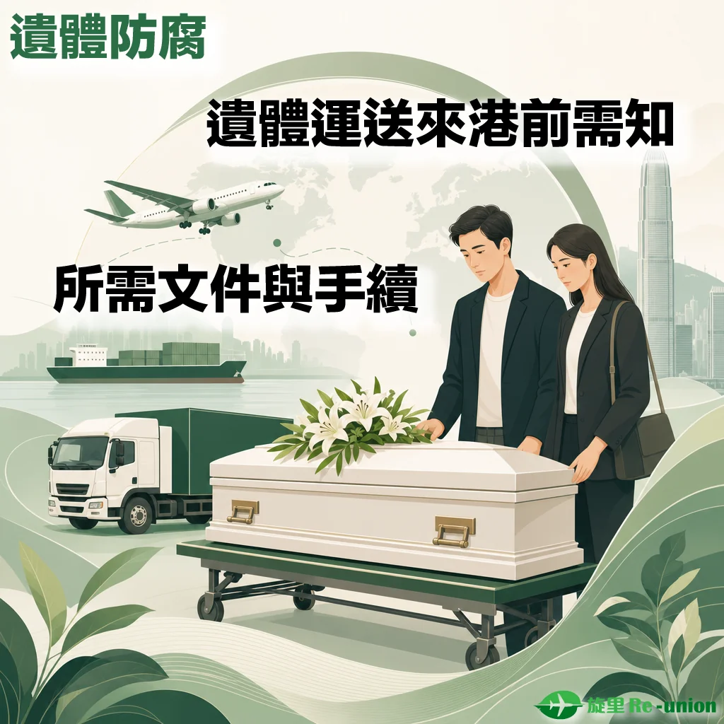 綠白色調的宣傳插圖，左上方與中間帶有醒目文字「遺體防腐」、「遺體運送來港前需知」及「所需文件與手續」。畫面右側有一對身穿深色西裝與套裝的男女，神情哀傷地佇立在一個放有白色百合花的白色棺木旁。背景融合了多種運輸工具，包括空中的飛機（配有淡化世界地圖）、海上的貨櫃船、陸上的綠色貨車，以及遠處的香港維多利亞港高樓天際線。右下角標有綠色飛機標誌與「旋里 Re-union」字樣。