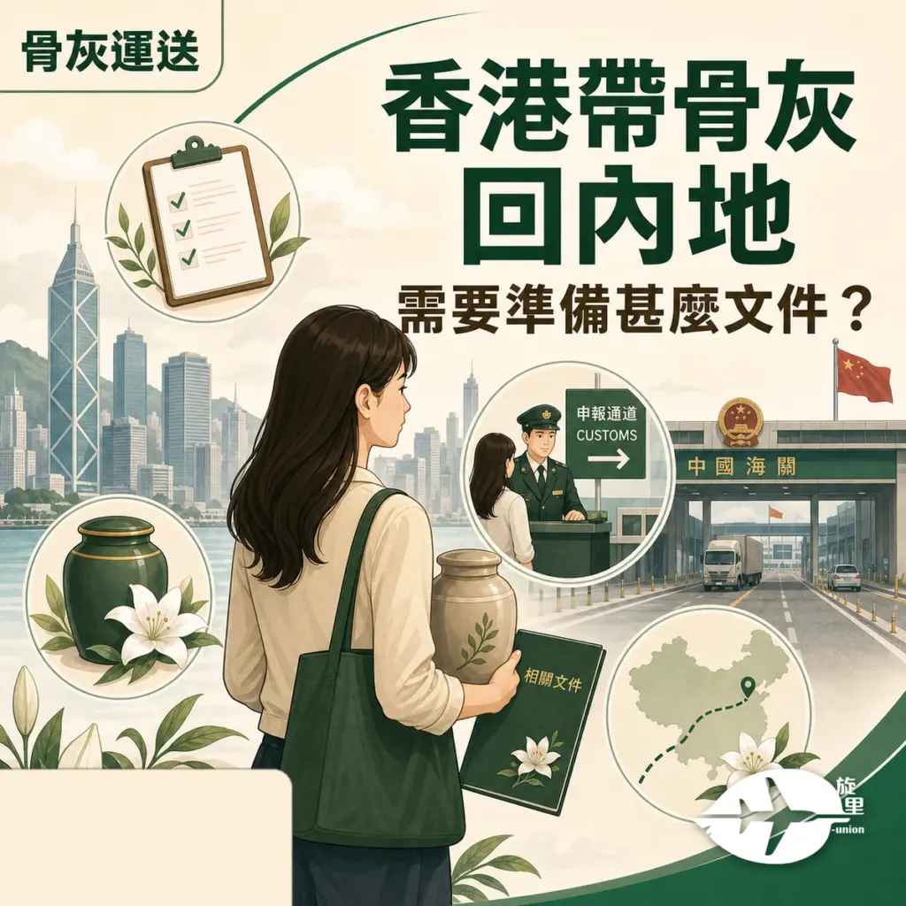 香港帶骨灰回內地文件準備插圖，畫面以旋里 Re-union 系列風格展示骨灰甕、相關文件、口岸申報及跨境安排，白色品牌 logo 置於右下角。