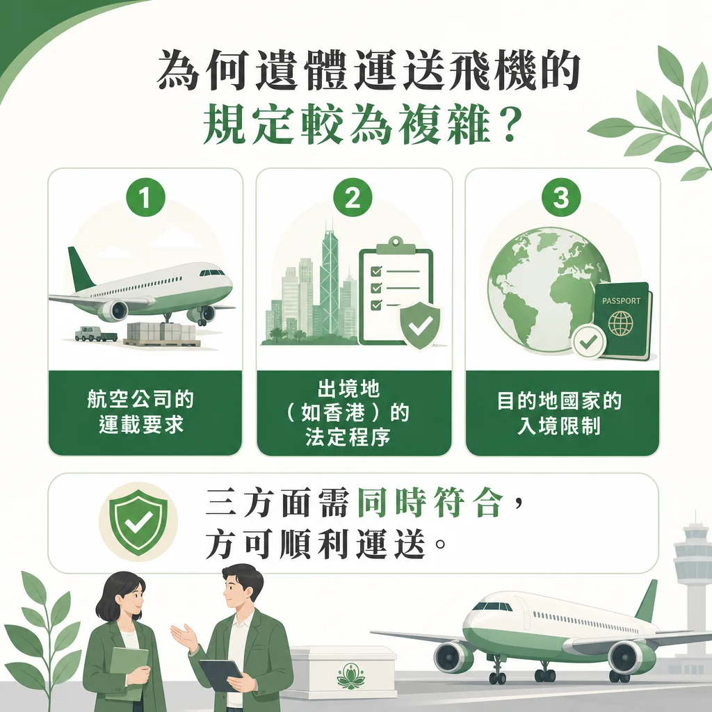 綠白配色的資訊圖表，標題為「為何遺體運送飛機的規定較為複雜？」。圖中列出三大核心原因：1 航空公司的運載要求（配有飛機裝載貨物插圖）；2 出境地（如香港）的法定程序（配有城市剪影與文件清單插圖）；3 目的地國家的入境限制（配有地球與護照插圖）。下方總結文字：「三方面需同時符合，方可順利運送。」最下方配有兩位殯儀專業人員在停機坪上對接、背景有客機與靈柩貨箱的插圖。
