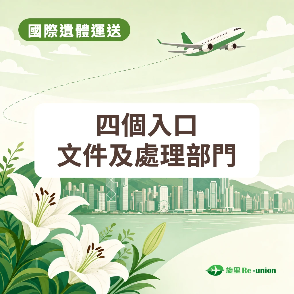 封面圖：圖上文字：國際遺體運送；四個入口；文件及處理部門。右下角為旋里 Re-union 標誌。