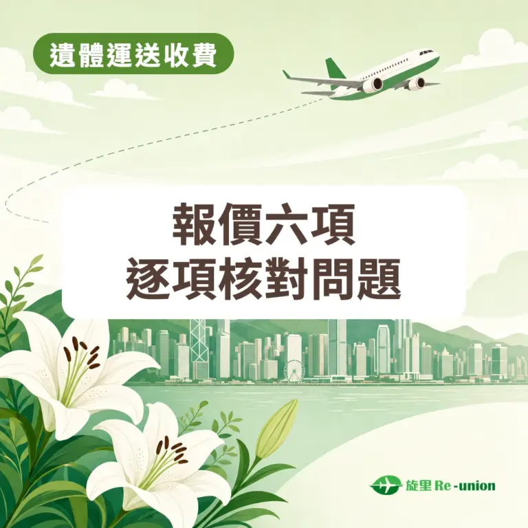 封面圖：圖上文字：遺體運送收費；報價六項；逐項核對問題。右下角為旋里 Re-union 標誌。